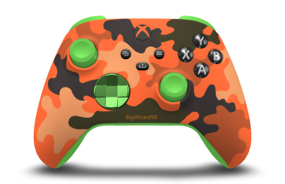 Controller with Blaze Camo body, Velocity Green (Metallic) D-pad, and Velocity Green thumbsticks - front view
