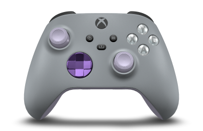 Controller with Ash Grey body, Astral Purple (Metallic) D-pad, and Soft Purple thumbsticks - front view