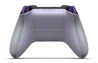 Controller with Ash Grey body, Astral Purple (Metallic) D-pad, and Soft Purple thumbsticks - back view