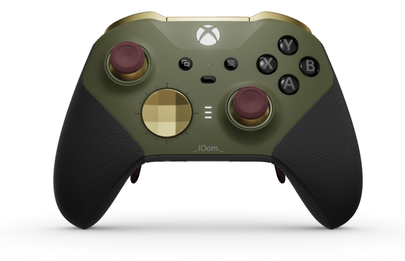 Xbox Elite Wireless Controller Series 2 – Core - Telo: Nocturnal Green + pogumované rukoväti, Smerový ovládač: Fazetované, Hero Gold (kov), Zadná strana: Storm Gray + pogumované rukoväti