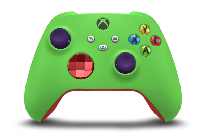 Xbox 無線控制器 - Corpo: Verde Veloz, Botões Direcionais: Oxide Red (Metallic), Manípulos Analógicos: Roxo Astral