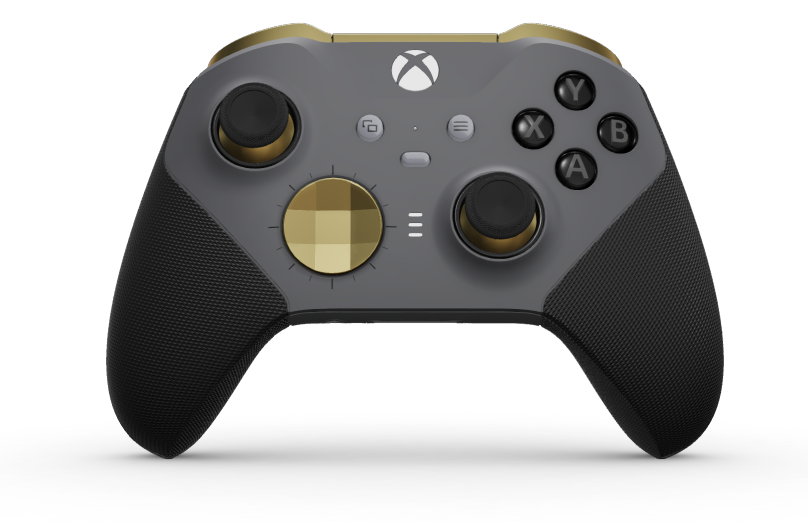 Controller Wireless Elite per Xbox Series 2 - Nucleo - Text: Storm Gray + gummierte Griffe, D-Pad: Facettiert, Hero Gold (Metall), Zurück: Storm Gray + gummierte Griffe