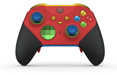 Langaton Xbox Elite Series 2 Core -ohjain - Behuizing voorzijde: Pulsrood + rubberen handvatten, D-pad: Facet, Velocity Green (Metal), Behuizing achterzijde: Shockblauw + rubberen handvatten