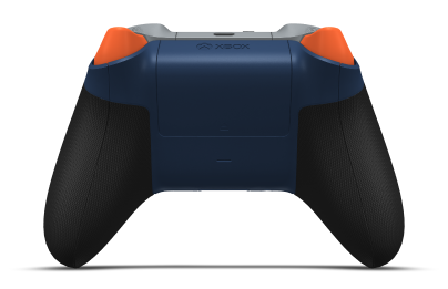 Controller with Midnight Blue body, Zest Orange (Metallic) D-pad, and Ash Grey thumbsticks - back view