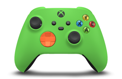 Controller with Velocity Green body, Zest Orange D-pad, and Carbon Black thumbsticks - front view