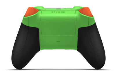 Controller with Velocity Green body, Zest Orange D-pad, and Carbon Black thumbsticks - back view