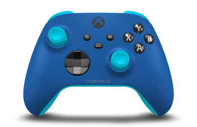 Controller with Shock Blue body, Carbon Black (Metallic) D-pad, and Dragonfly Blue thumbsticks - front view