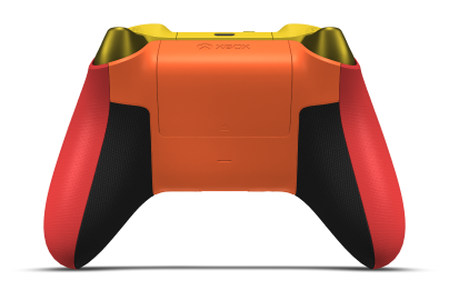 Ovladač s Pulzující červená tělem, Energická oranžová (kovová) řídicím křížem a Svítivě žlutá palcovými ovladači — pohled zezadu