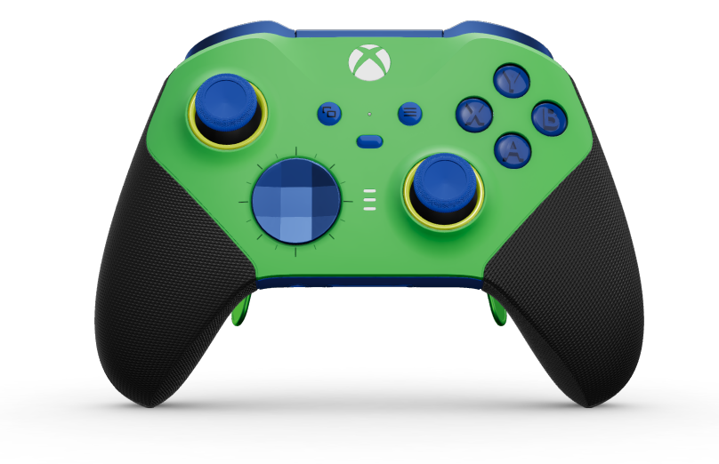 Mando inalámbrico Xbox Elite Series 2: básico - Text: Velocity Green + gummierte Griffe, D-Pad: Facettiert, Photon Blue (Metall), Zurück: Shock Blue + gummierte Griffe