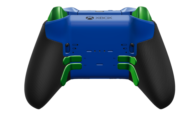 Mando inalámbrico Xbox Elite Series 2: básico - Corps: Velocity Green + poignées caoutchoutées, BMD: À facettes, Photon Blue (métal), Arrière: Shock Blue + poignées caoutchoutées