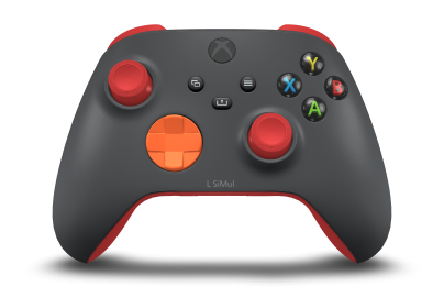 Controller with Storm Grey body, Zest Orange D-pad, and Pulse Red thumbsticks - front view