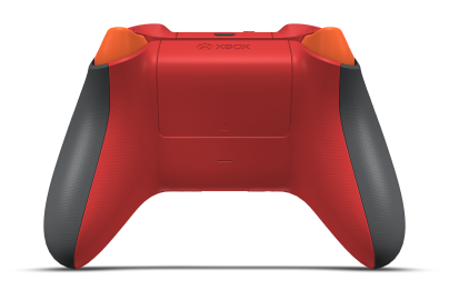 Controller with Storm Grey body, Zest Orange D-pad, and Pulse Red thumbsticks - back view