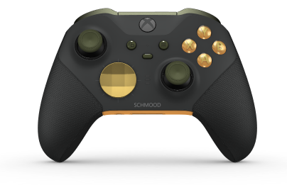 Xbox Elite Wireless Controller Series 2 - Core - Corps: Carbon Black + poignées caoutchoutées, BMD: Facette, Gold Matte (métal), Arrière: Soft Orange + poignées caoutchoutées