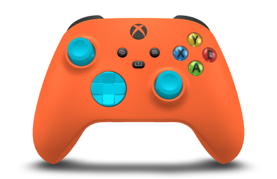 Controller with Zest Orange body, Dragonfly Blue D-pad, and Dragonfly Blue thumbsticks - front view