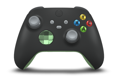 Controller met Carbon Black body, Soft Green (Metallic) D-pad en Ash Grey duimsticks - vooraanzicht