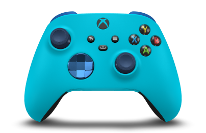 Controller with Dragonfly Blue body, Photon Blue (Metallic) D-pad, and Midnight Blue thumbsticks - front view