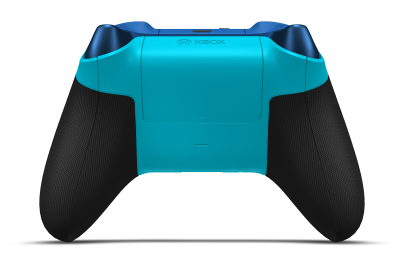 Controller with Dragonfly Blue body, Photon Blue (Metallic) D-pad, and Midnight Blue thumbsticks - back view