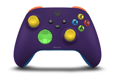 Controller with Astral Purple body, Velocity Green D-pad, and Lighting Yellow thumbsticks - front view
