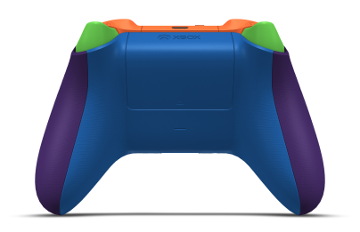 Controller with Astral Purple body, Velocity Green D-pad, and Lighting Yellow thumbsticks - back view