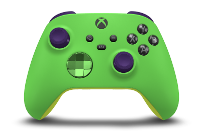 Controller with Velocity Green body, Velocity Green (Metallic) D-pad, and Astral Purple thumbsticks - front view