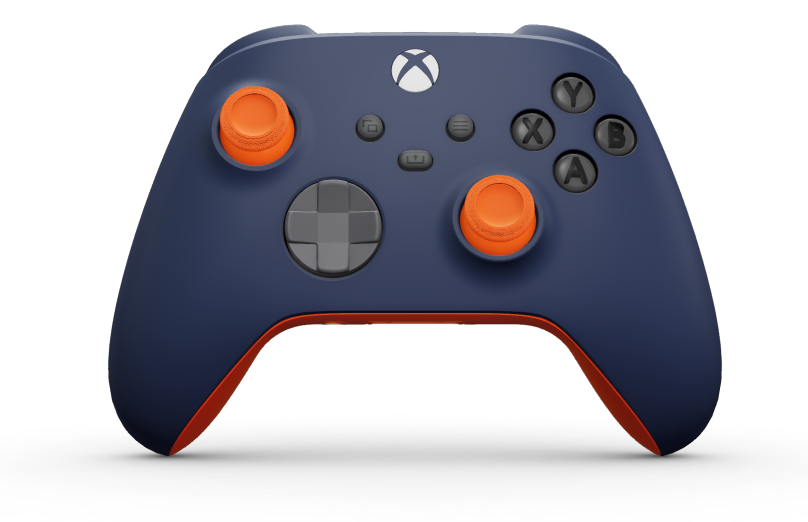 Kontroler bezprzewodowy Xbox - Hoofdtekst: Middernachtblauw, D-Pads: Stormgrijs, Duimsticks: Zest-oranje
