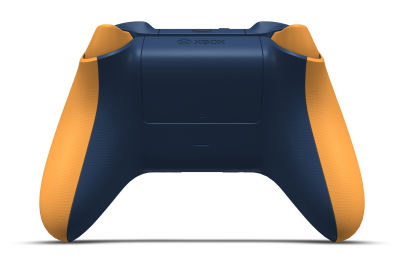 Controller with Soft Orange body, Midnight Blue D-pad, and Soft Orange thumbsticks - back view