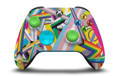 Controller with Pride body, Dragonfly Blue D-pad, and Velocity Green thumbsticks - front view