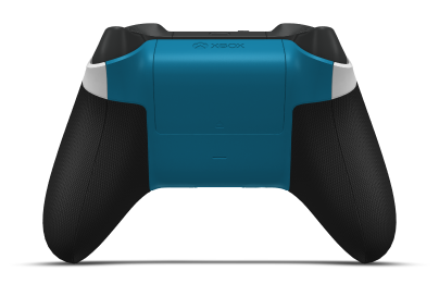 Controller with Pride body, Dragonfly Blue D-pad, and Velocity Green thumbsticks - back view