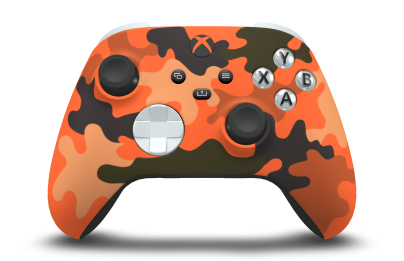 Controller with Blaze Camo body, Robot White D-pad, and Carbon Black thumbsticks - front view