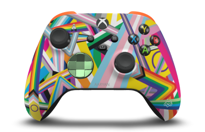 Controller with Pride body, Soft Green (Metallic) D-pad, and Carbon Black thumbsticks - front view