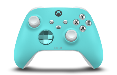 Controller with Glacier Blue body, Glacier Blue (Metallic) D-pad, and Robot White thumbsticks - front view