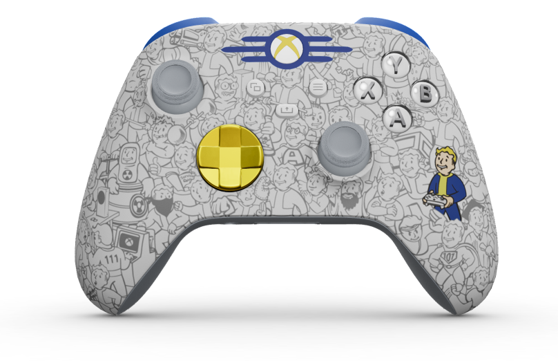 Xbox Wireless Controller - Tělo: Fallout, Řídicí kříže: Světlá žlutá (metalická), Palcové ovladače: Popelově šedá