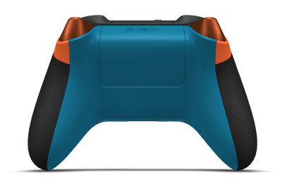 Controller with Zest Orange body, Mineral Blue (Metallic) D-pad, and Mineral Blue thumbsticks - back view