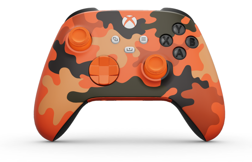 Xbox Wireless Controller - 몸체: 블레이즈 카모, 방향 패드: 제스트 오렌지, 엄지스틱: 제스트 오렌지