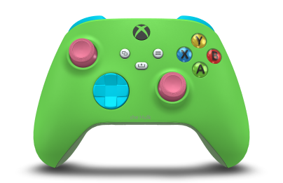 Xbox 無線控制器 - Brödtext: Velocity-grön, Styrknappar: Dragonfly Blue, Styrspakar: Djuprosa