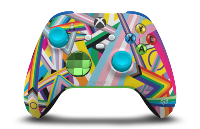 Controller with Pride body, Velocity Green (Metallic) D-pad, and Dragonfly Blue thumbsticks - front view