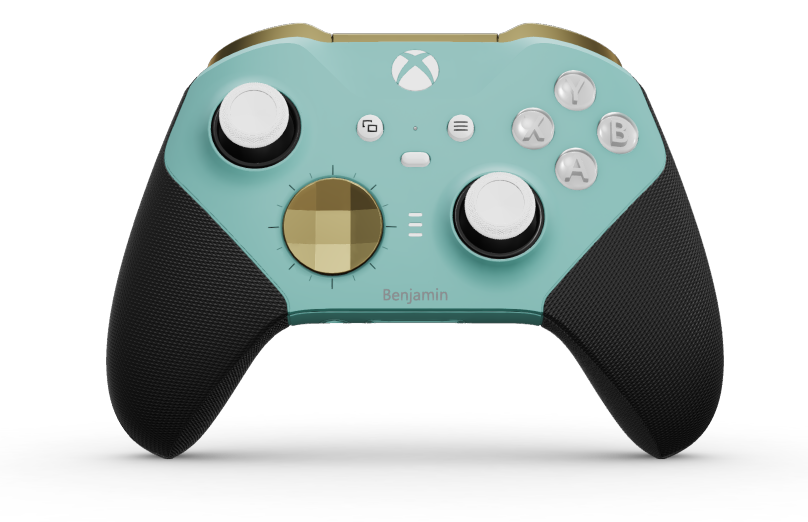 Xbox Elite Wireless Controller Series 2 - Core - Behuizing voorzijde: Gletsjerblauw + rubberen handvatten, D-pad: Gefacetteerd, heldengoud (metaal), Behuizing achterzijde: Gletsjerblauw + rubberen handvatten