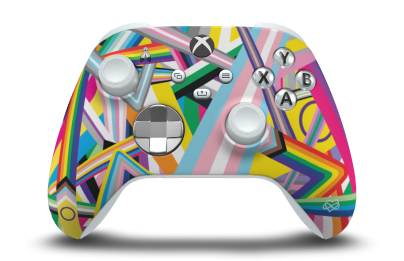 Controller with Pride body, Bright Silver (Metallic) D-pad, and Robot White thumbsticks - front view