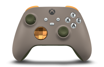 Controller with Desert Tan body, Soft Orange (Metallic) D-pad, and Nocturnal Green thumbsticks - front view