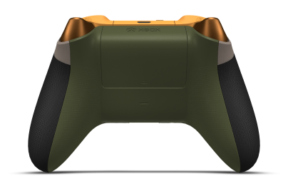 Controller with Desert Tan body, Soft Orange (Metallic) D-pad, and Nocturnal Green thumbsticks - back view