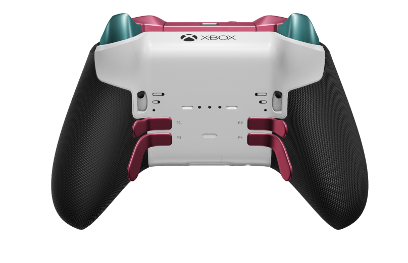 Xbox Elite Wireless Controller Series 2 - Core - Behuizing voorzijde: Gletsjerblauw + rubberen handvatten, D-pad: Gefacetteerd, dieproze (metaal), Behuizing achterzijde: Robotwit + rubberen handvatten