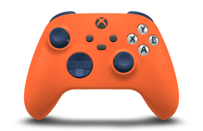 Controller with Zest Orange body, Midnight Blue D-pad, and Midnight Blue thumbsticks - front view
