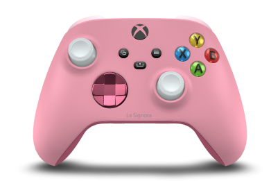 Controller with Retro Pink body, Deep Pink (Metallic) D-pad, and Robot White thumbsticks - front view