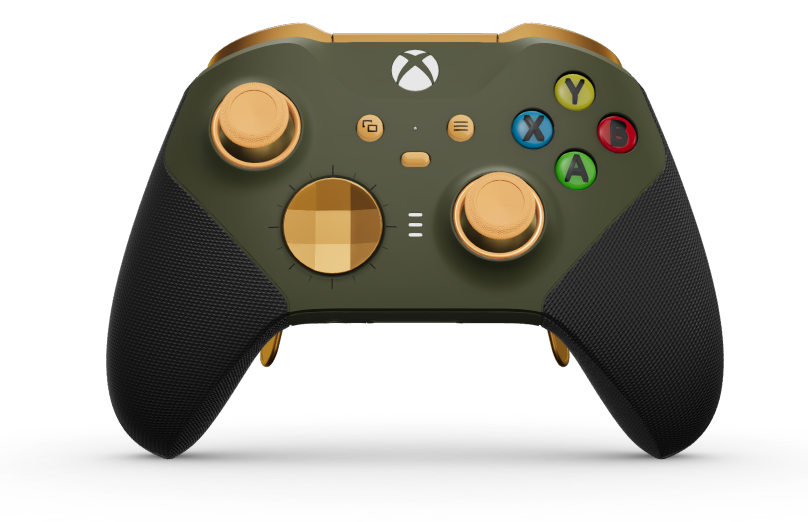 Xbox Elite Wireless Controller Series 2 - Core - Runko: Nocturnal Green + kumipintaiset kahvat, Suuntapainike Hybridimallin D-alusta: Viistetty, pehmeä oranssi (metalli), Takaisin: Nocturnal Green + kumipintaiset kahvat