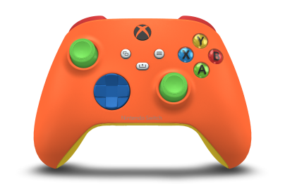Xbox 無線控制器 - Hoofdtekst: Zest-oranje, D-Pads: Shockblauw, Duimsticks: Velocity-groen