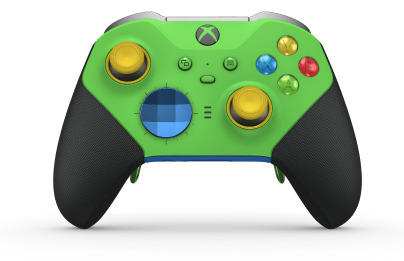 Xbox Elite Wireless Controller Series 2 - Core - 몸체: 벨로시티 그린 + 고무 코팅 그립, 방향 패드: 패싯, 포톤 블루(금속), 뒤로: 쇼크 블루 + 고무 코팅 그립