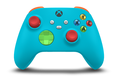 Controller with Dragonfly Blue body, Velocity Green D-pad, and Pulse Red thumbsticks - front view