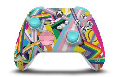 Controller with Pride body, Retro Pink D-pad, and Glacier Blue thumbsticks - front view