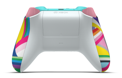 Controller with Pride body, Retro Pink D-pad, and Glacier Blue thumbsticks - back view