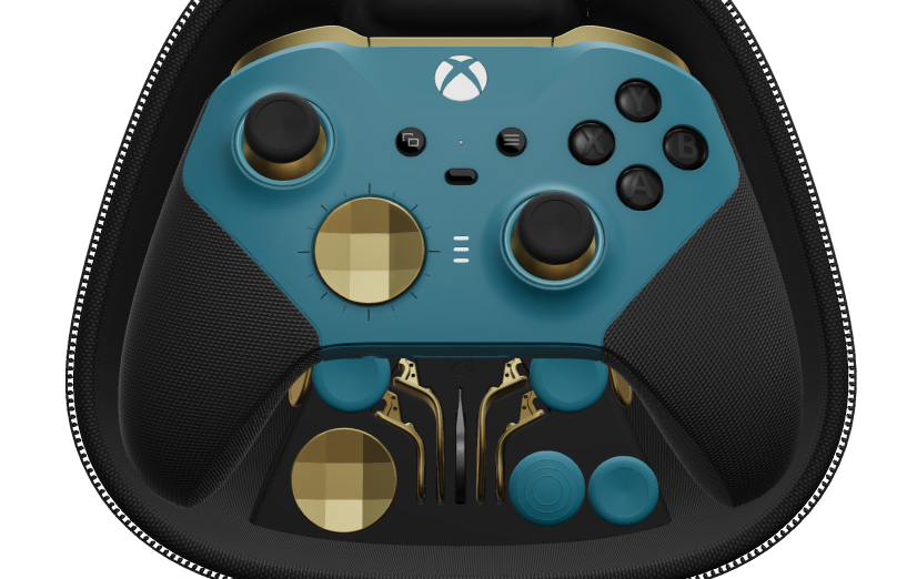 Xbox Elite Wireless Controller Series 2 - Core - Vorderseite: Mineral Blue + gummierte Griffe, D-Pad: Facettiert, Hero Gold (Metall), Rückseite: Mineral Blue + gummierte Griffe